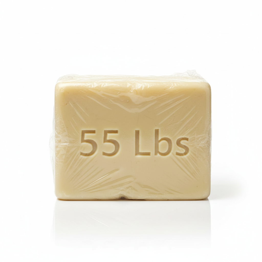 55lbs block of sheabutter wrapped in plastic peel realistic product image on white background. Write 55 Lbs like a carving on front of the block