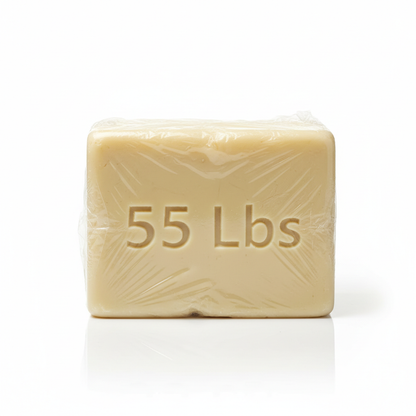 55lbs block of sheabutter wrapped in plastic peel realistic product image on white background. Write 55 Lbs like a carving on front of the block