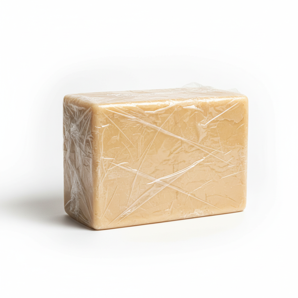55lbs block of sheabutter wrapped in plastic peel realistic product image on white background