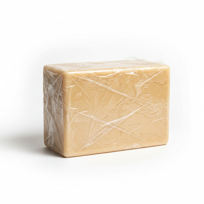 55lbs block of sheabutter wrapped in plastic peel realistic product image on white background