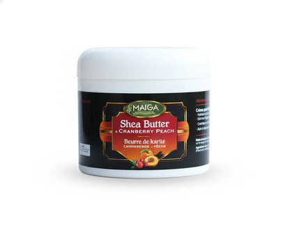 Jar of Maiga Shea Butter with Cranberry Peach flavor on a white background