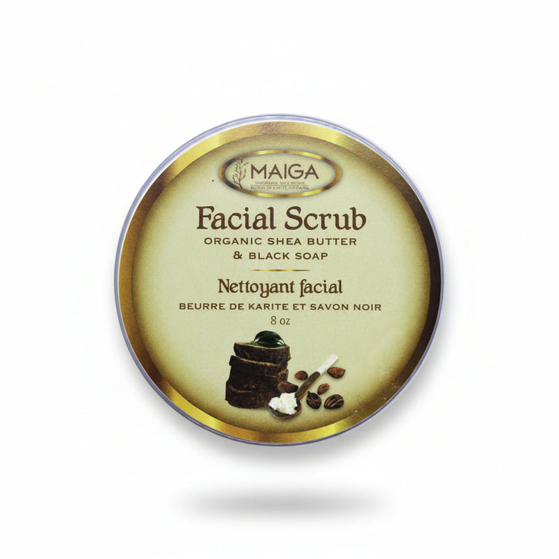Maiga Facial Scrub container with shea butter and black soap on a white background